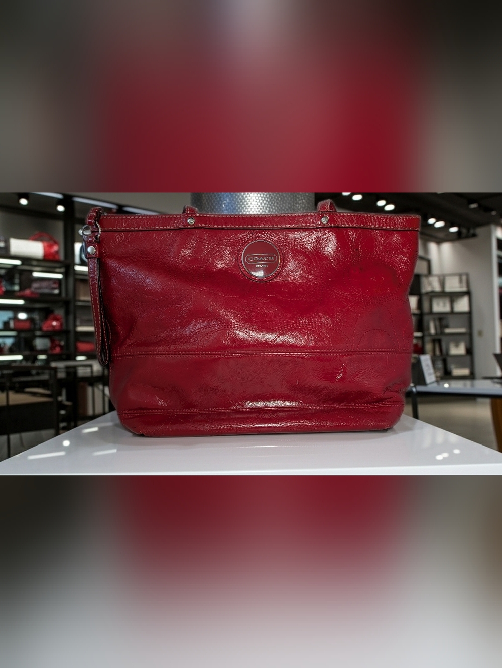SOLD!COACH Red Leather Vintage Tote Bag Large Shoulder Bag Signature Stitching S